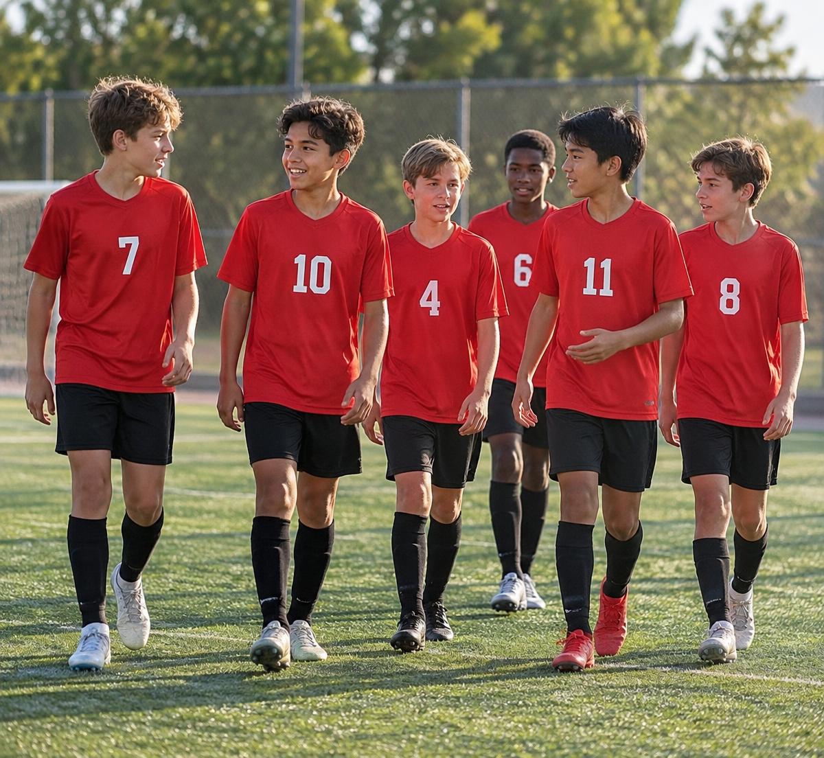 Young Elite XI players in red jerseys walking together across the pitch